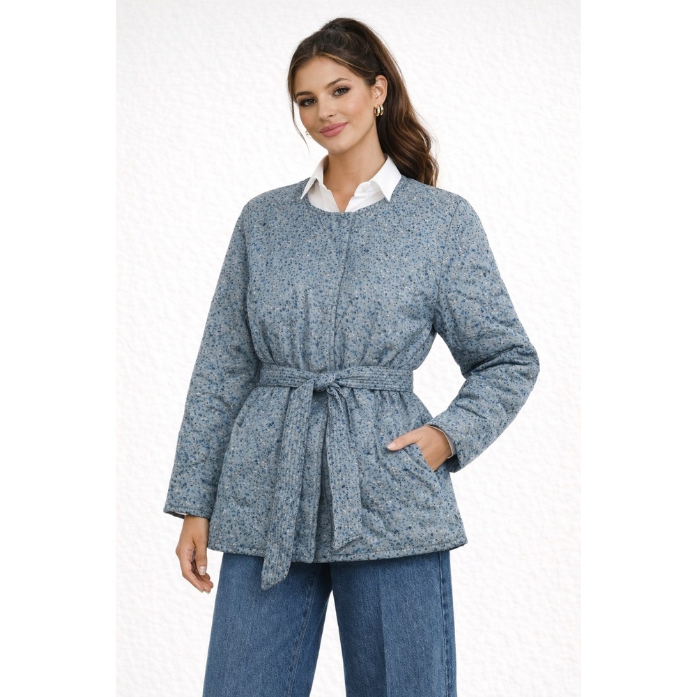 Untuckit Floral Quilted Jacket XL Blue Spring Coat Belted Trendy Pockets NWT